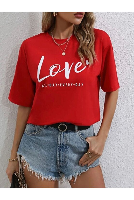 Kadın Oversize Love Baskılı Kırmızı Tshirt