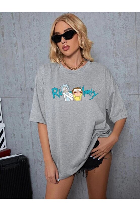 Oversize Unisex Gri Ricky Morty Tshirt