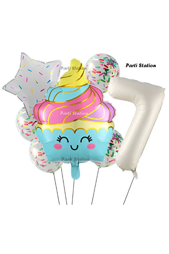 Dondurma Cupcake Konsept 7 Yaş Doğum Günü Balon Set İce Cream Cupcake Şef Tema Doğum Günü Balon Set