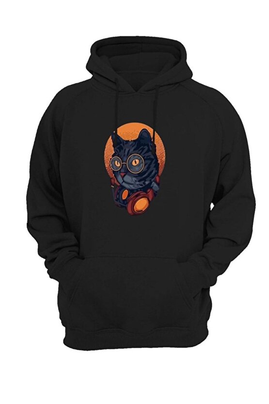 Kapşonlu Unisex Oversize Dj Kedi Baskılı Sweatshirt Hoodie