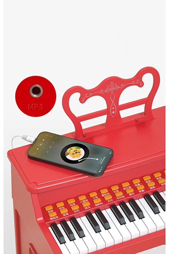 Çocuk Piyanosu 37 Tuşlu Mikrofonlu Mp3 Girişli Tabureli Elektronik Kırmızı Piano