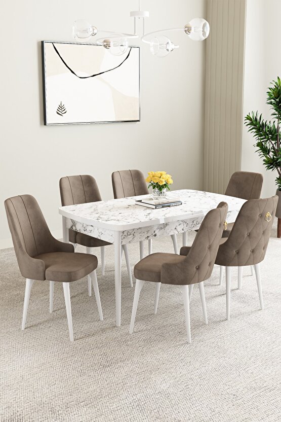 Clara Beyaz Mermer Desen 80x132 Açılabilir Mutfak Masası Takımı 6 Adet Sandalye