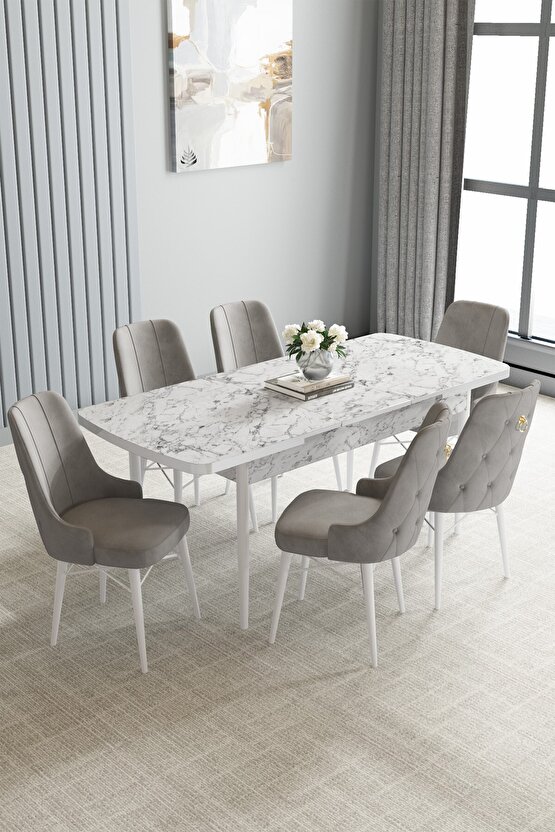 Jusie Beyaz Mermer Desen 80x132 Açılabilir Yemek Odası Takımı 6 Adet Sandalye