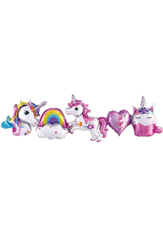 Renkli Gökkuşağı Renk Rakam Balonlu Unicorn 5 Yaş Doğum Günü Parti Balon Set Unicorn Tema Parti Seti