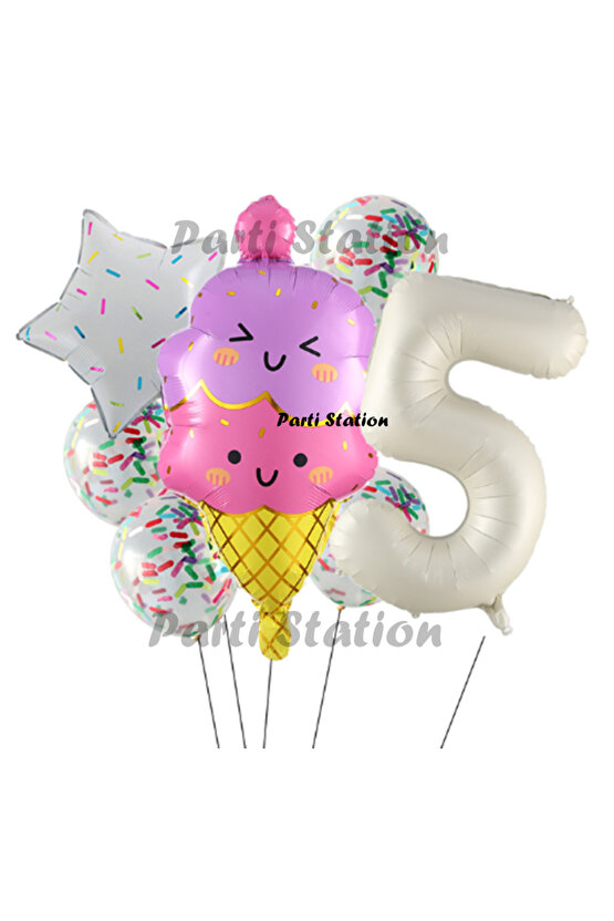 Dondurma İce Cream Konsept Doğum Günü 5 Yaş Balon Set Yaz Tema Sevimli Dondurma Folyo Balon Set