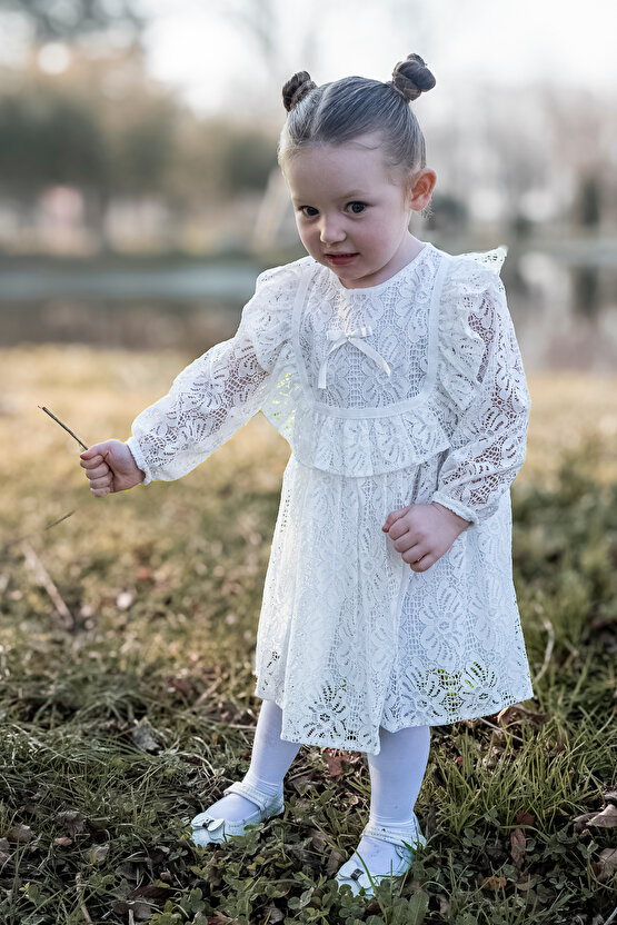Kız Bebek Elbise Kız Çocuk Elbise Doğum Günü Parti Düğün Elbise Uzun Kol Astarlı Dantelli Bebek Giyi
