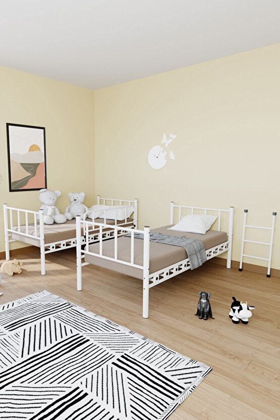 Ranza Zambak Genç Çocuk Yatak Odası Beyaz Metal Ranza Ve Karyola 90x200