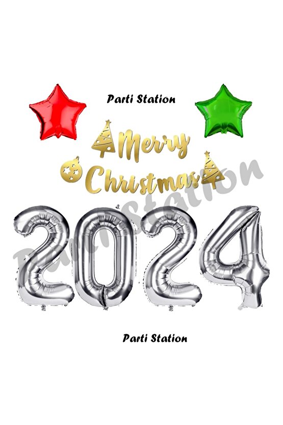 Yılbaşı 2024 Gümüş Renk Rakam Balon Seti 76 cm Yılbaşı Merry Christmas Banner ve Balon Seti