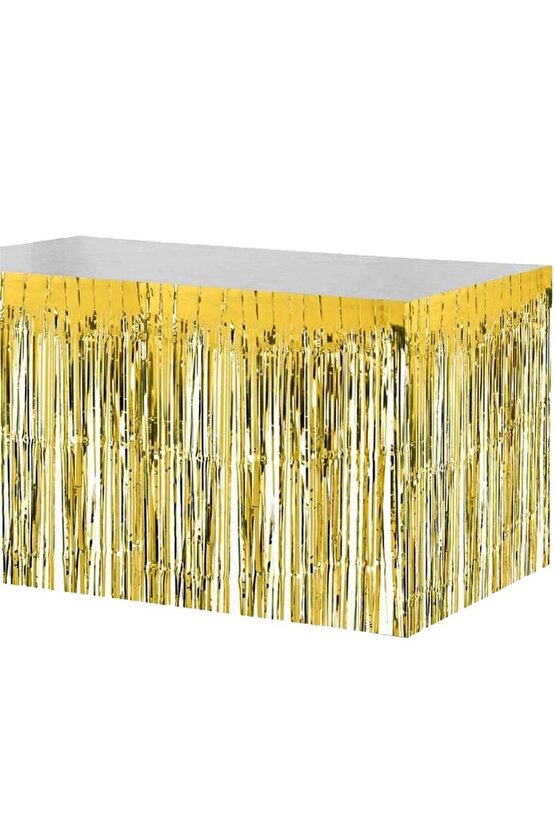 Masa Örtüsü ve Etek Set Plastik Sarı Renk Masa Örtüsü Altın Gold Renk Metalize Sarkıt Masa Eteği Set