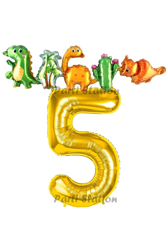 Altın Renk Rakam Balonlu Dinozor 5 Yaş Doğum Günü Parti Yapışık Balon Set Dinozor Tema Parti Set