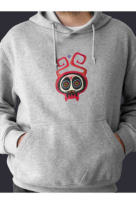 Monster Serisi Kurukafa Baskılı Tasarım 2 Iplik Şardonlu Gri Hoodie Sweatshirt