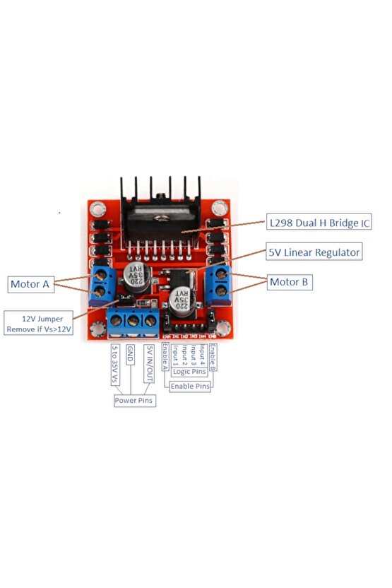 5 Adet L298N Voltaj Regulatörlü Çift Motor Sürücü Kartı Arduino, Raspberry