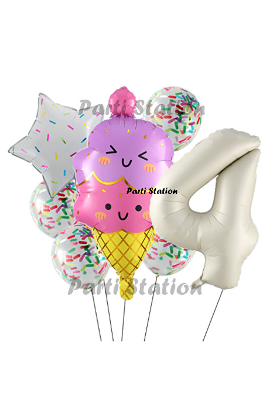 Dondurma İce Cream Konsept Doğum Günü 4 Yaş Balon Set Yaz Tema Sevimli Dondurma Folyo Balon Set