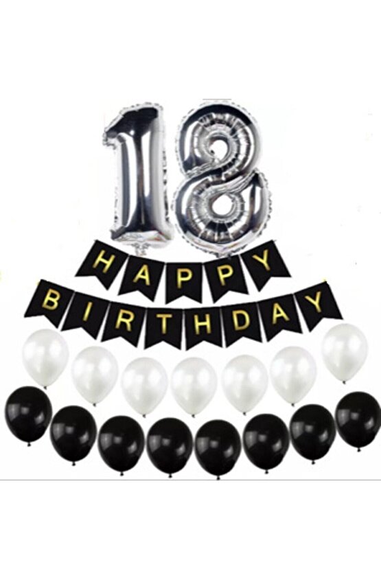 18 Yaş Gümüş Folyo Balon Happy Bırthday Banner Yazı Seti Balonlu