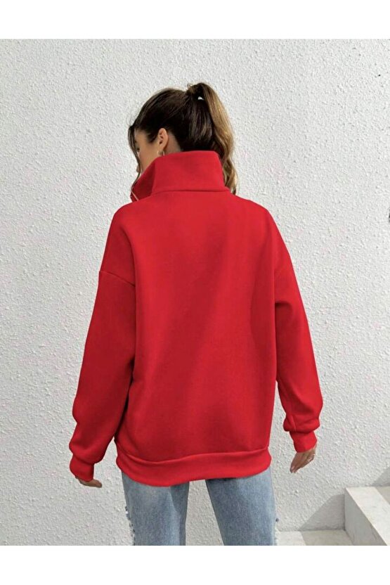 Kadın Kırmızı Yarım Fermuarlı Dik Yaka Sweatshirt