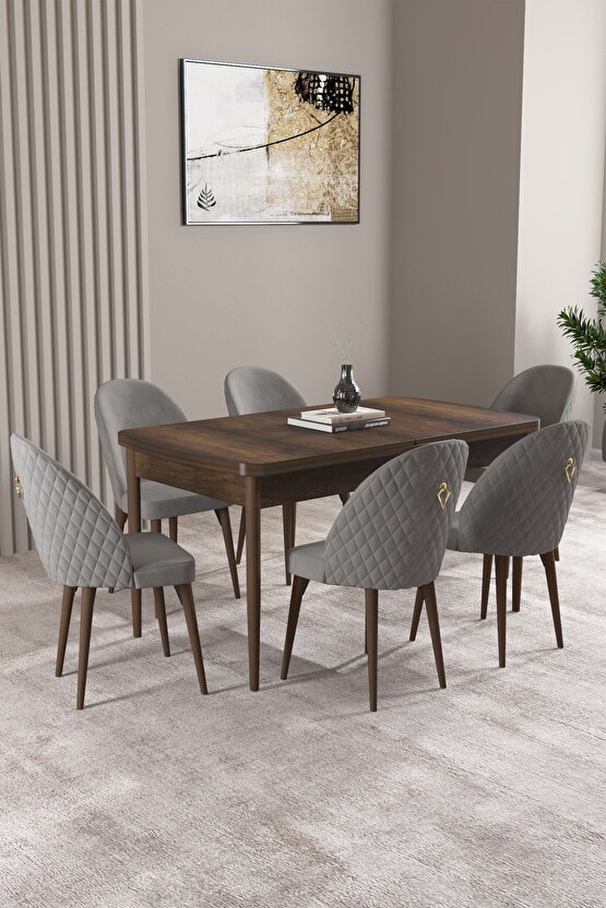 Milas Barok Desen 80x132 Mdf Açılabilir Mutfak Masası Takımı 6 Adet Sandalye