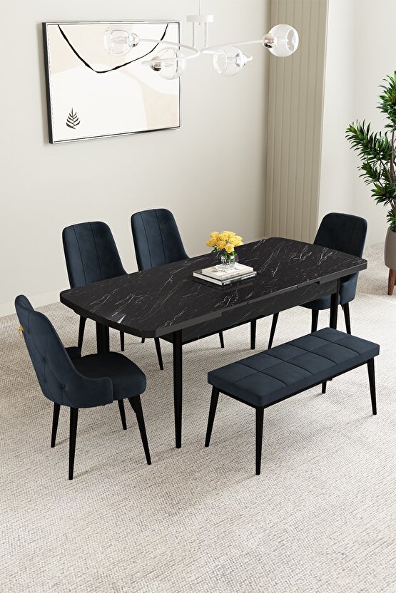 Clara Siyah Mermer Desen 80x132 Açılabilir Mutfak Masası Takımı 4 Sandalye, 1 Bench