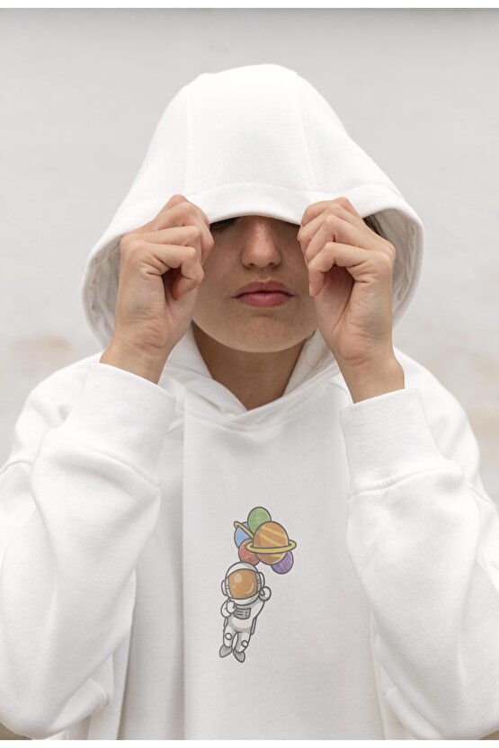 Astronot Baskılı Tasarım 3 İplik Kalın Beyaz Hoodie Sweatshirt