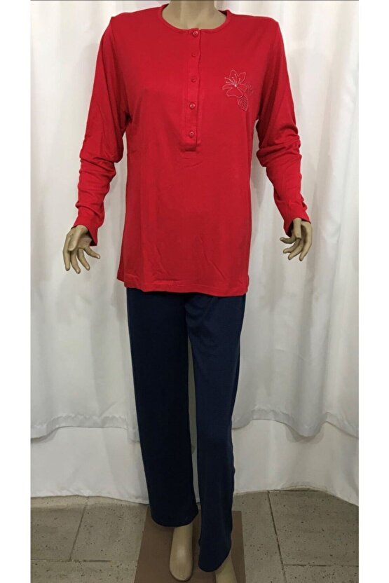 Kadın Uzunkol Pijama Takım-14854-Kırmızı Lacivert Jakarlı Alt
