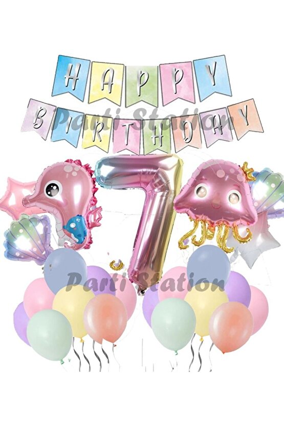 Okyanus Hayvanları Deniz Canlıları 7 Yaş Balon Set Deniz Anası Deniz Atı Happy Birthday Balon Set