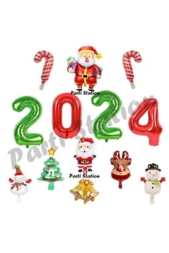Yılbaşı 2024 Kırmızı Yeşil Renk Rakam Balon Seti 100 cm Noel Baba Kardan Adam Yılbaşı Ağacı Balon