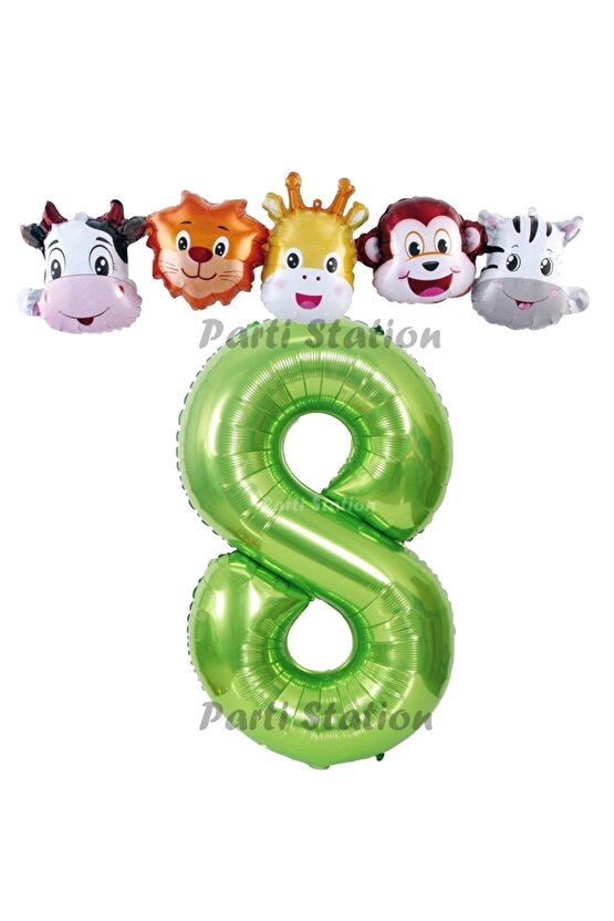 Yeşil Renk Rakam Balonlu Safari 8 Yaş Doğum Günü Parti Balon Set Safari Hayvanlar Tema Parti