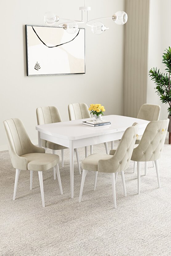 Mabel Beyaz Desen 80x132 Mdf Açılabilir Mutfak Masası Takımı 6 Adet Sandalye