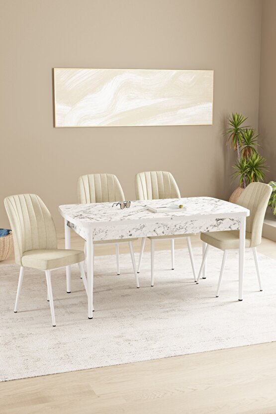 Floryn Mdf Beyaz Mermer Desen Açılabilir 80x132 Cm 4 Sandalyeli Mutfak Masası Takımı