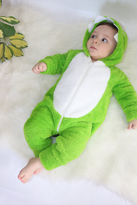 Unisex Bebek Yeşil Beyaz Peluş Timsahlı Tulum