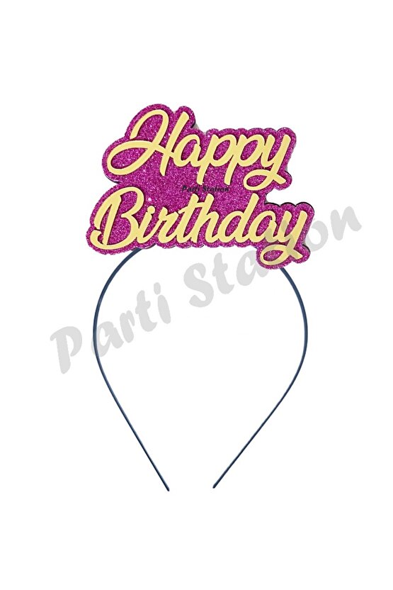 Ahşap Simli Eva Pembe Fuşya-Altın Renk Happy Birthday Yazılı Doğum Günü Tacı Kız Çocuk Doğum Günü