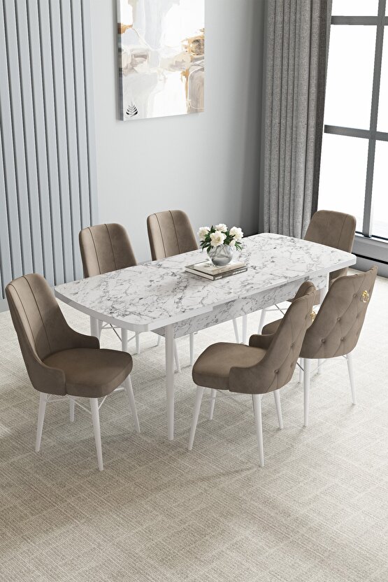 Beyaz Mermer Desen 80x132 Açılabilir Mutfak Masası Takımı 6 Adet Sandalye