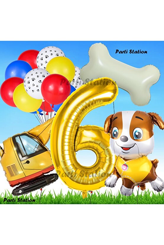 Paw Patrol Rubble Dozer Araçlı Köpek Konsept 6 Yaş Doğum Günü Parti Balon Set Paw Patrol Kemik Balon