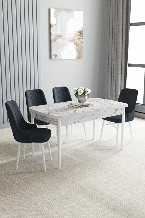 Jusie Beyaz Mermer Desen 80x132 Açılabilir Yemek Odası Takımı 4 Adet Sandalye