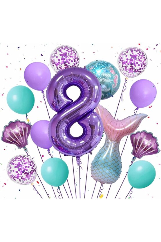 Mor Renk Deniz Kızı Konsept 8 Yaş Rakam Balon Set Deniz Kızı Temalı Doğum Günü Parti Seti