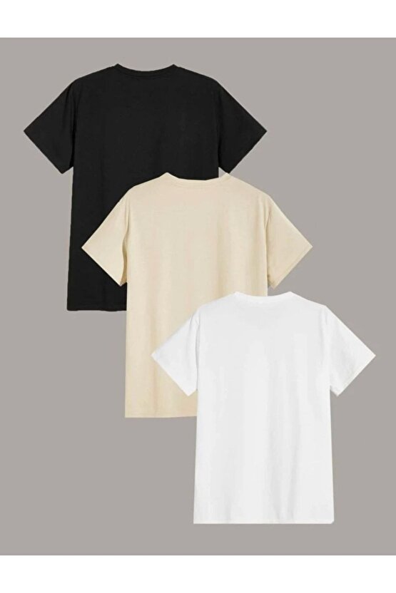 Oversize 3lü Paket Baskılı Bisiklet Yaka Tshirt