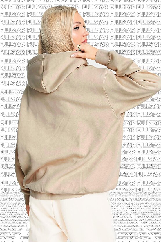 Sportswear Fleece Hoodie Oversized Kapüşonlu Bol Kesim Unisex Sweatshirt Krem Bej