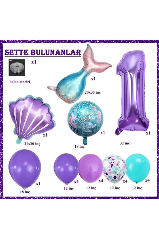 Mor Rakam Balon 1 Yaş Deniz Kızı Temalı Doğum Günü Parti Kutlama Seti Konsept 1