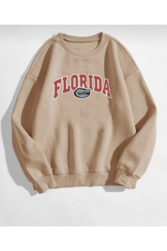 Oversize Unisex Bej Timsah Florida Sweatshirt