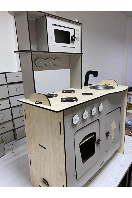 Büyük Boy Ahşap Montessori Boyalı Mutfak - Gri, 80x100 - 6mm