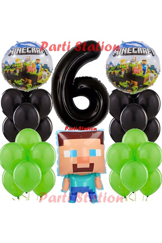 Minecraft Konsept Doğum Günü 6 Yaş Balon Set Minecraft Parti Tema Yeşil Siyah Balon Set