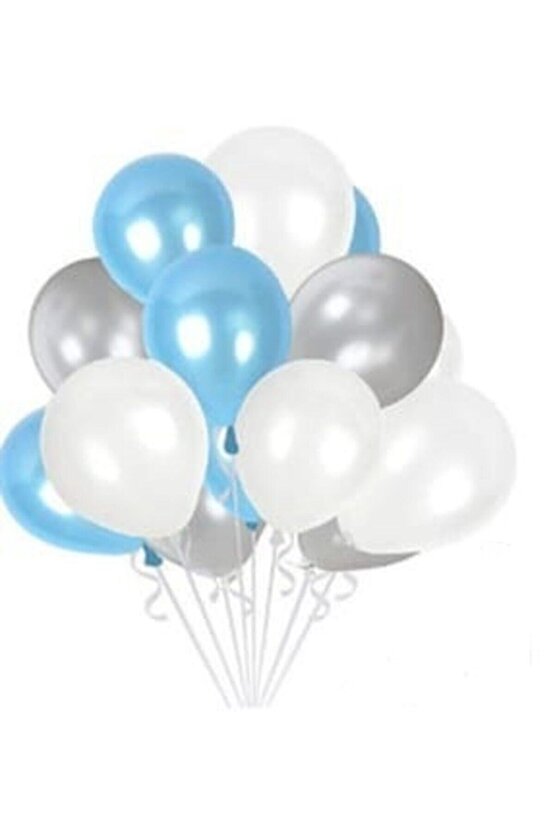 Metalik Balon 12  Inç 25 Adet Metalik Mavi Beyaz Gri Set
