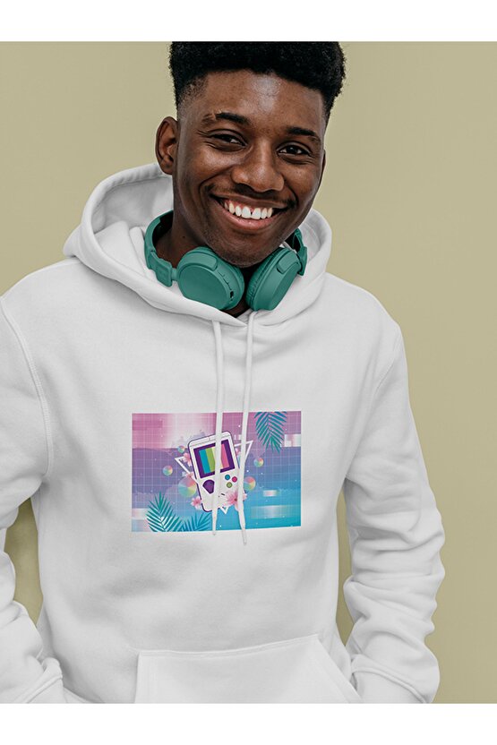 Vapor Wave Tetris Design Baskılı Tasarım 3 Iplik Kalın Siyah Hoodie Sweatshirt