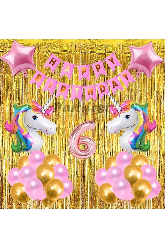 Gökkuşağı Unicorn Konsept 6 Yaş Balon Doğum Günü Set Gökkuşağı Altın Renk Unicorn Yaş Balon Set