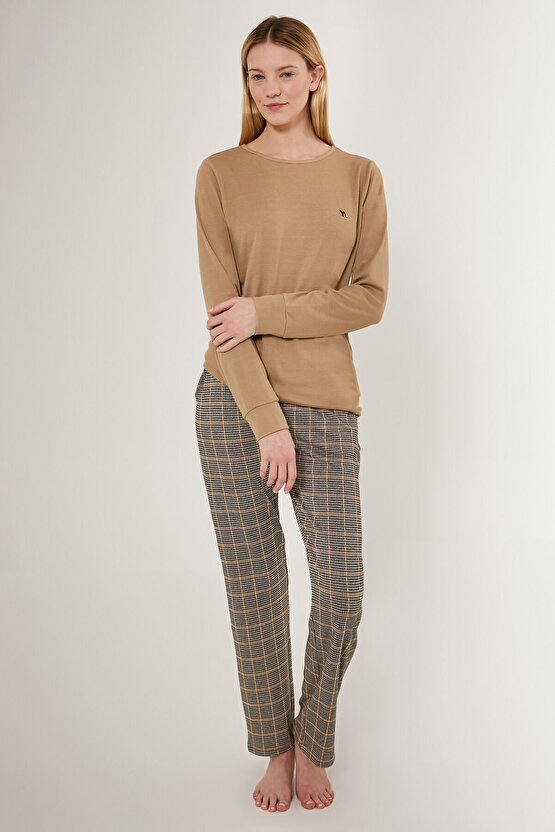 Detailed Nice Açık Kahverengi Kadın Uzun Kol Pijama Takım