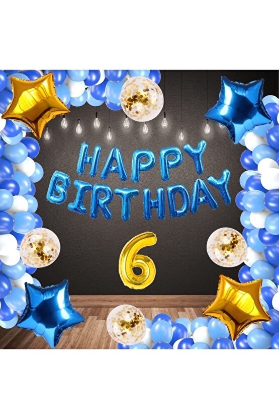 Mavi Konsept Happy Birthday 6 Yaş Doğum Günü Set Mavi Konsept Zincir Balon Set 6 Yaş Balon Seti