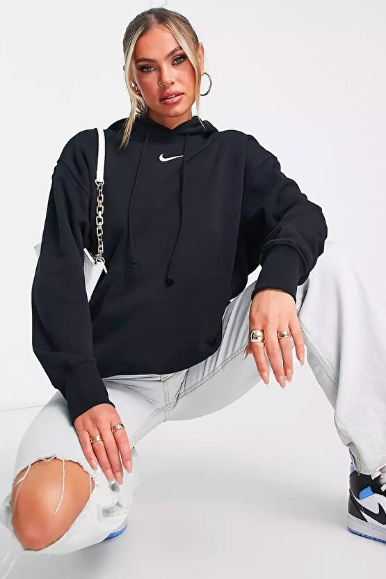 Sportswear Fleece Hoodie Oversized Fit Kapüşonlu Bol Kesim Sweatshirt Siyah