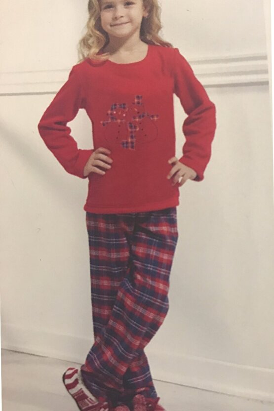 Çocuk Pijaması Üst Polar Alt Pamuklu Ekose Kırmızı