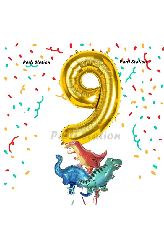 Altın Renk Rakam Balonlu Küçük Boy Dinozor Balonlu 9 Yaş Dinozor Konsept Doğum Günü Parti Balon Set