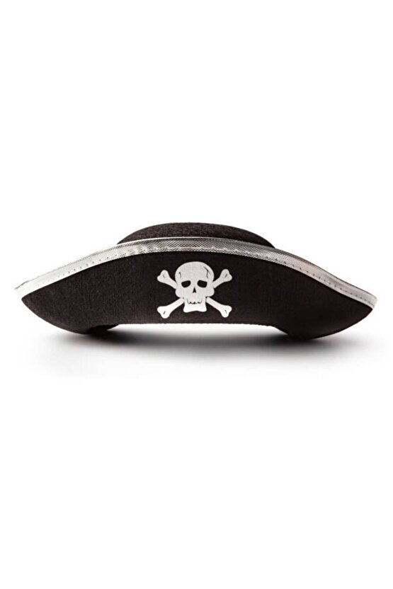 Gümüş Şeritli Siyah Renk Yayvan Korsan Şapkası Yetişkin 32x24 cm