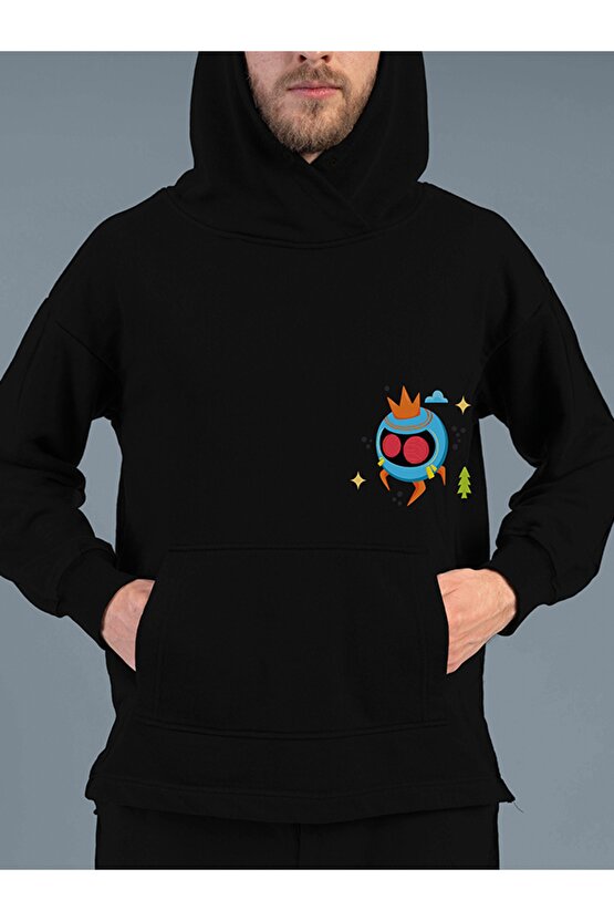 Canavar Baskılı Tasarım 2 Iplik Şardonlu Siyah Hoodie Sweatshirt